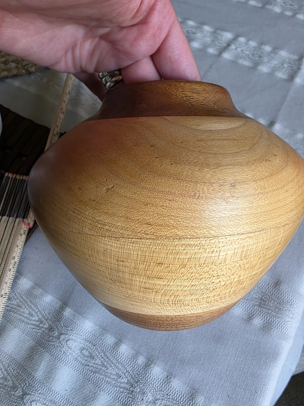 Vintage-Style Turned Wood Vase Two-Tone Boho Sculptural Vessel